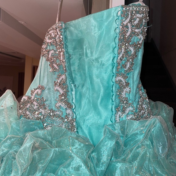 Champagne/Aqua Ruffled Strapless Quinceañera Dress by House of Wu (26800) Size 4 - Picture 5 of 17